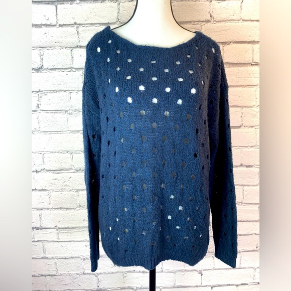 Maurice’s Womens Navy Blue Crochet Sweater Open Polka Dot Knot High Low Medium - Picture 1 of 12
